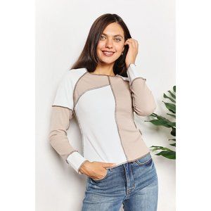 Two-tone Color Block Exposed Seam Top Soft Long Sleeves Tan Khaki White